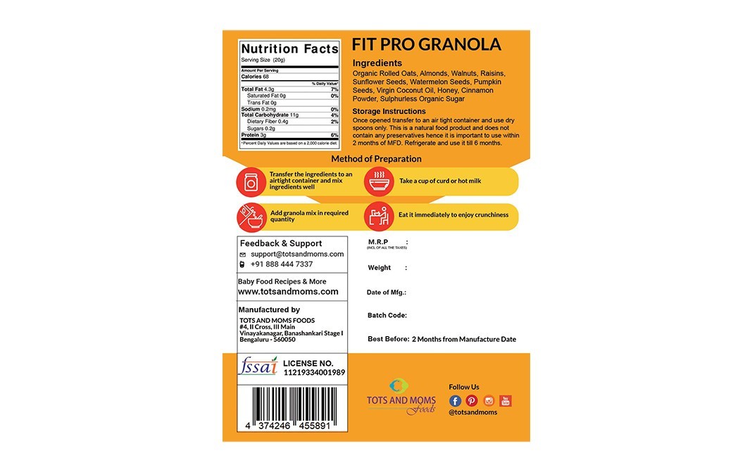 Tots And Moms Foods Fit Pro Granola    Pack  200 grams
